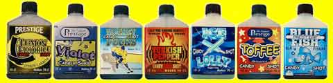 Die Original Prestige Flüssigbonbon-Sirupessenzen, 150 ml in flachen Flaschen.